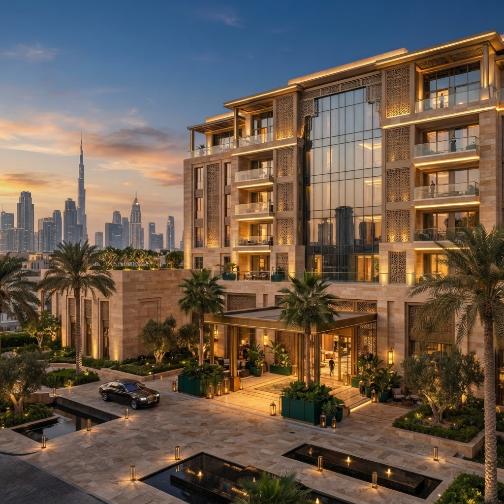 Luxury hotel exterior at golden hour